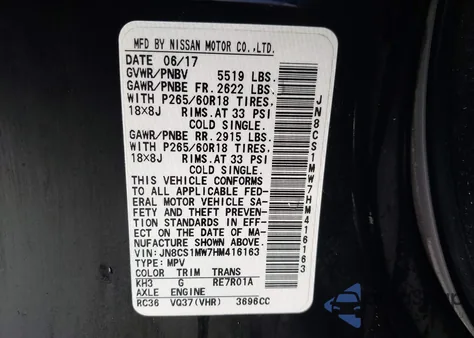 2017 Infiniti Qx70 z USA, uszkodzony, nr VIN JN8CS1MW7HM416163